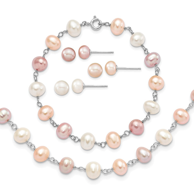 Sterling Silver Rh White/Pink/Purple Fwc Pearl Neck/Bracelet/Ear Set