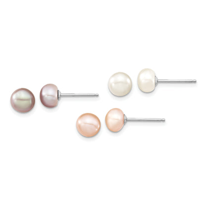 Sterling Silver Rh White/Pink/Purple Fwc Pearl Neck/Bracelet/Ear Set