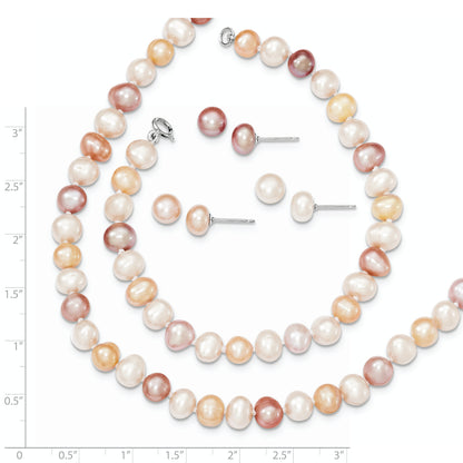 Sterling Silver Rh White/Pink/Purple Fwc Pearl Neck/Bracelet/Ear Set
