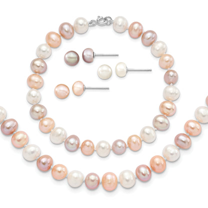Sterling Silver Rh White/Pink/Purple Fwc Pearl Neck/Bracelet/Ear Set
