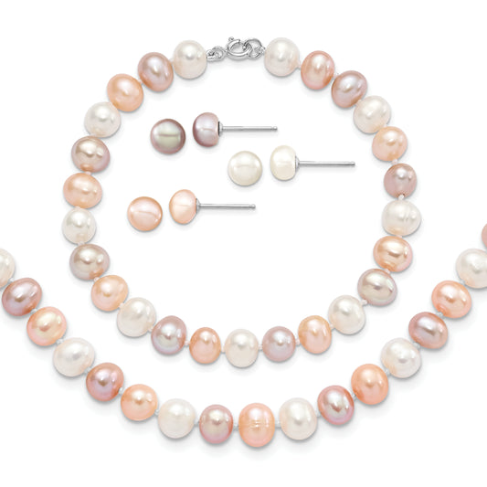 Sterling Silver Rh White/Pink/Purple Fwc Pearl Neck/Bracelet/Ear Set