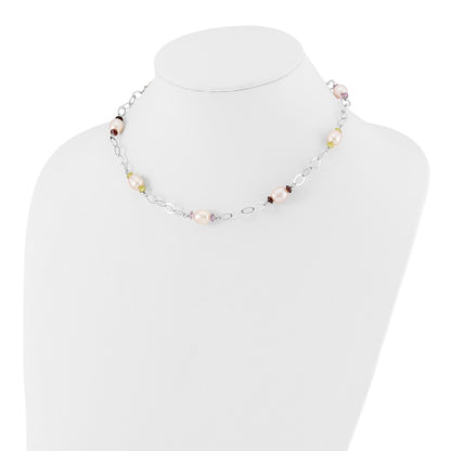 Sterling Silver 8-9mm Purple Freshwater Cultured Pearl & Multicolor Stone W/2In Ext. Necklace