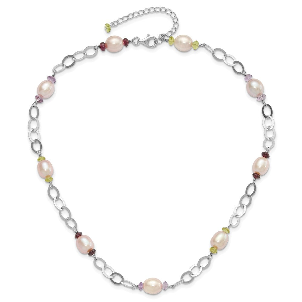 Sterling Silver 8-9mm Purple Freshwater Cultured Pearl & Multicolor Stone W/2In Ext. Necklace