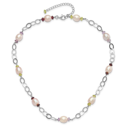 Sterling Silver 8-9mm Purple Freshwater Cultured Pearl & Multicolor Stone W/2In Ext. Necklace