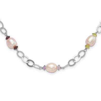 Sterling Silver 8-9mm Purple Freshwater Cultured Pearl & Multicolor Stone W/2In Ext. Necklace