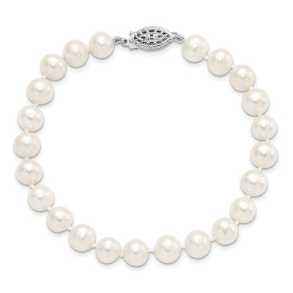 7.25 Inch Sterling Silver Rhodium 7-8mm White Freshwater Cultured Pearl Bracelet