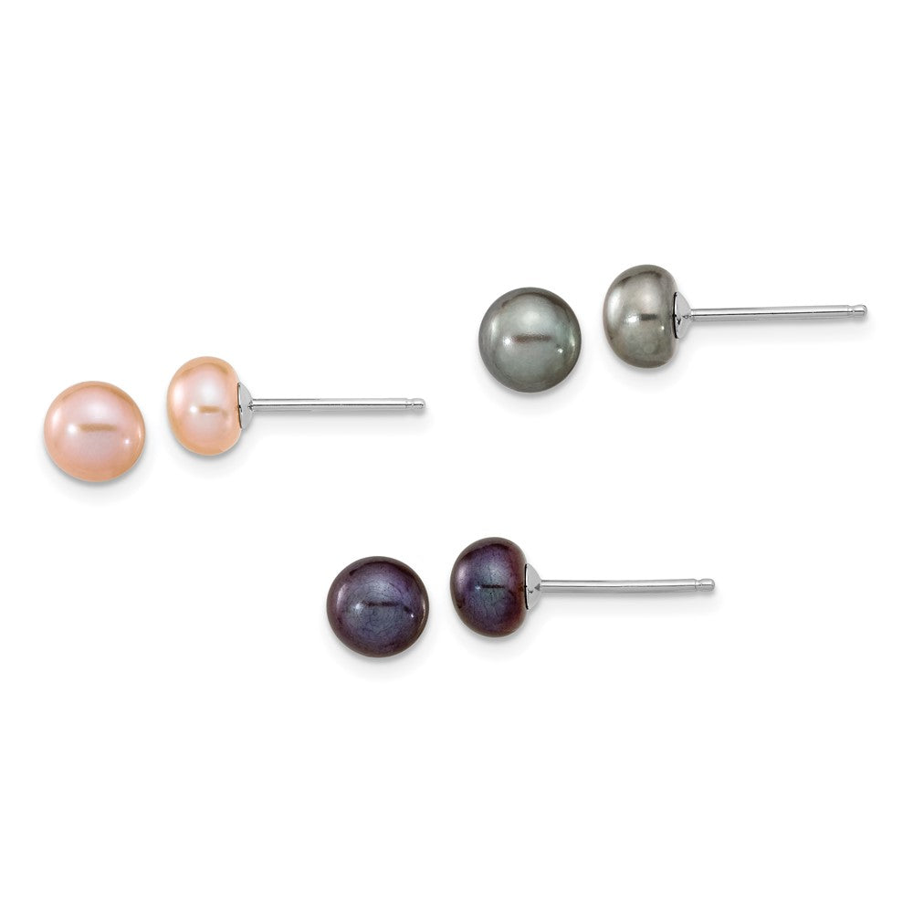 Sterling Silver Rh-P 6-7mm Bla/Pi/G Fwc Pearl Neck 7.25 Brace & 3Pc Earring
