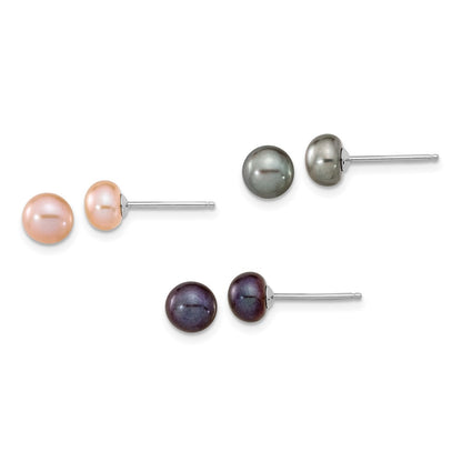 Sterling Silver Rh-P 6-7mm Bla/Pi/G Fwc Pearl Neck 7.25 Brace & 3Pc Earring