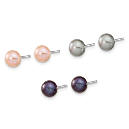 Sterling Silver Rh-P 6-7mm Bla/Pi/G Fwc Pearl Neck 7.25 Brace & 3Pc Earring