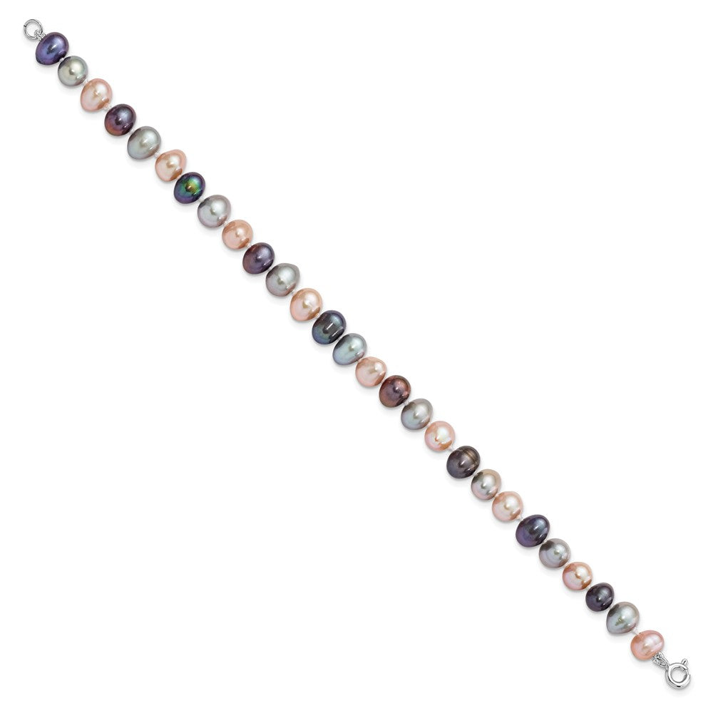 Sterling Silver Rh-P 6-7mm Bla/Pi/G Fwc Pearl Neck 7.25 Brace & 3Pc Earring