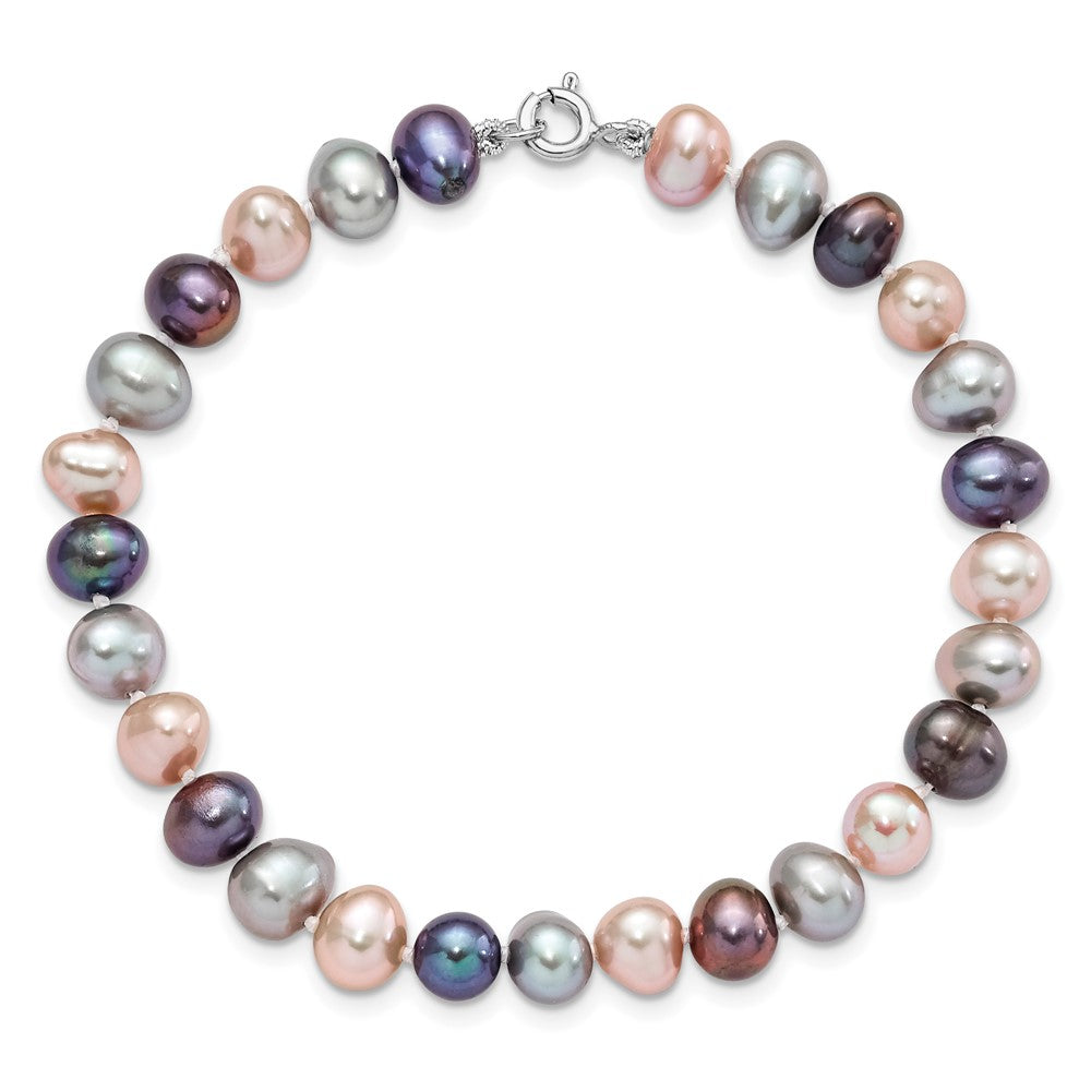 Sterling Silver Rh-P 6-7mm Bla/Pi/G Fwc Pearl Neck 7.25 Brace & 3Pc Earring