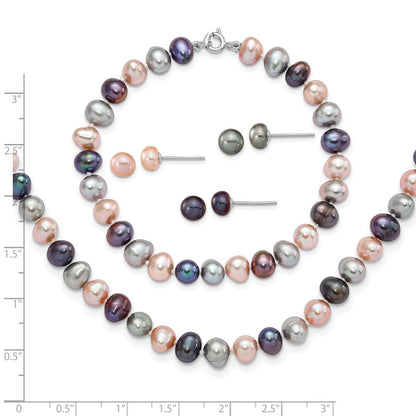Sterling Silver Rh-P 6-7mm Bla/Pi/G Fwc Pearl Neck 7.25 Brace & 3Pc Earring