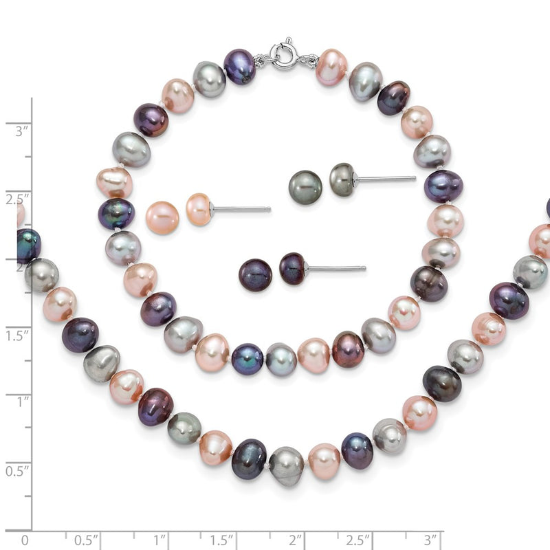 Sterling Silver Rh-P 6-7mm Bla/Pi/G Fwc Pearl Neck 7.25 Brace & 3Pc Earring
