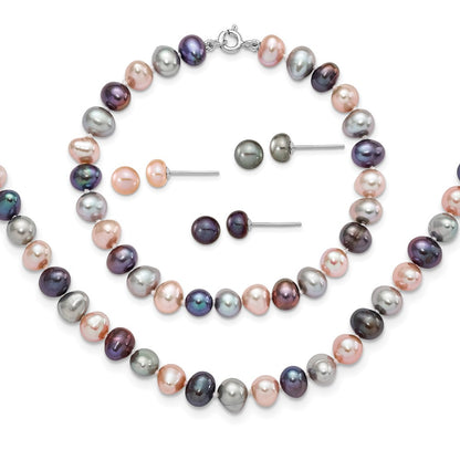 Sterling Silver Rh-P 6-7mm Bla/Pi/G Fwc Pearl Neck 7.25 Brace & 3Pc Earring