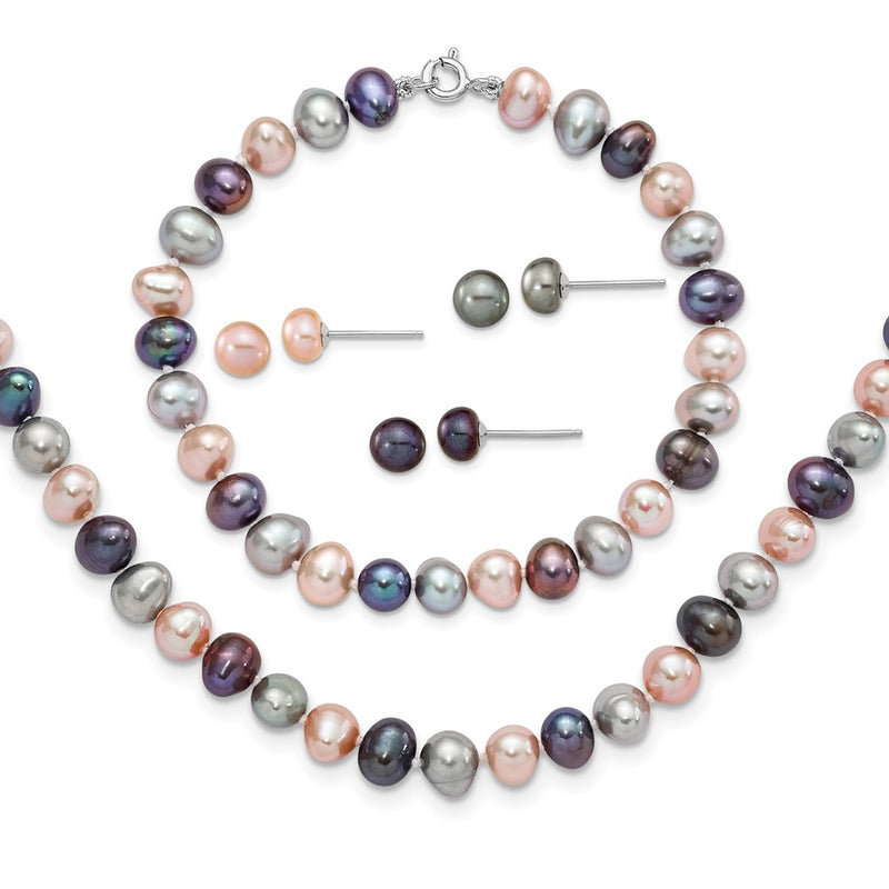 Sterling Silver Rh-P 6-7mm Bla/Pi/G Fwc Pearl Neck 7.25 Brace & 3Pc Earring