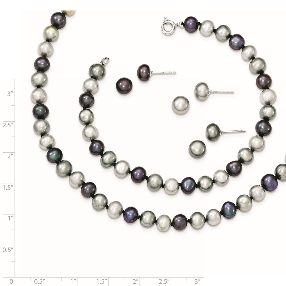 Sterling Silver Rhodium Fwc Pearl Necklace/7.25 Brace/3Pc Earring Set