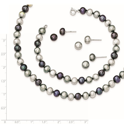 Sterling Silver Rhodium Fwc Pearl Necklace/7.25 Brace/3Pc Earring Set