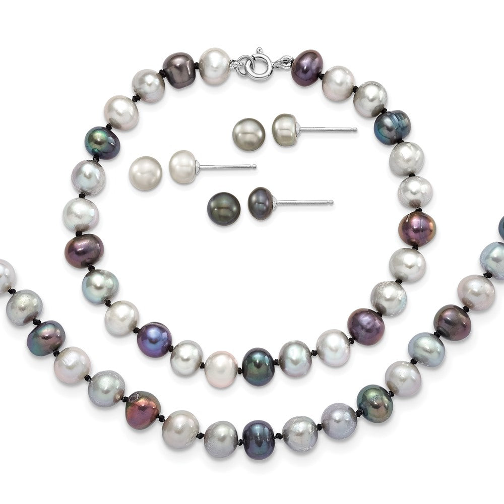 Sterling Silver Rhodium Fwc Pearl Necklace/7.25 Brace/3Pc Earring Set