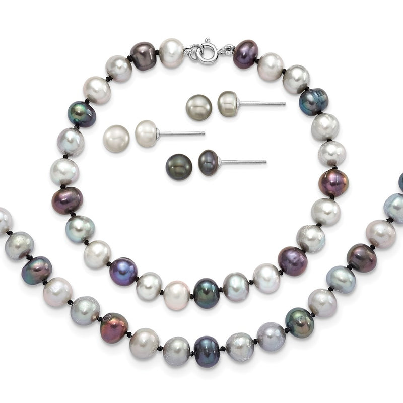 Sterling Silver Rhodium Fwc Pearl Necklace/7.25 Brace/3Pc Earring Set