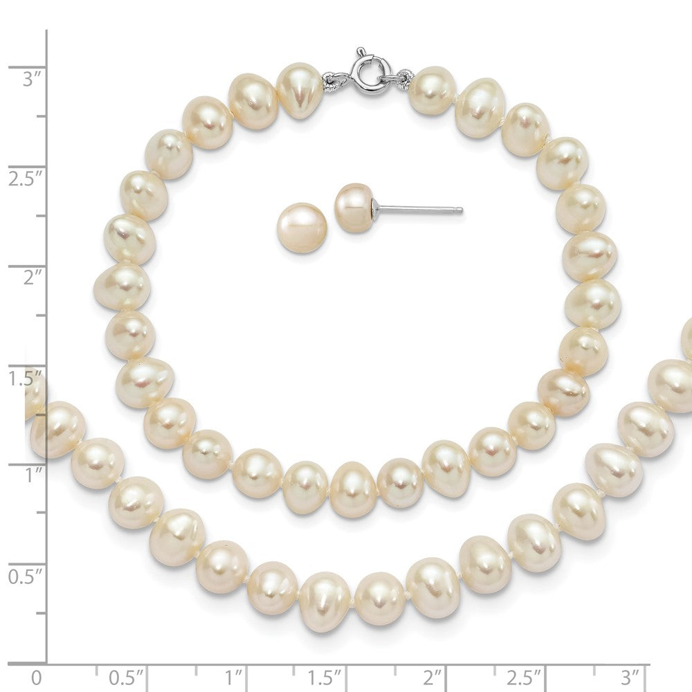 Sterling Silver Rh-P 6-7mm Fwc Pearl Necklace 7.25 Brace & 1Pc Earring Set