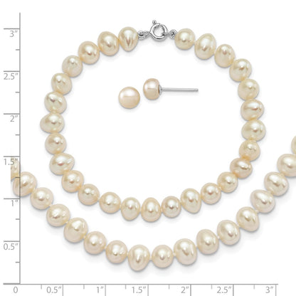 Sterling Silver Rh-P 6-7mm Fwc Pearl Necklace 7.25 Brace & 1Pc Earring Set