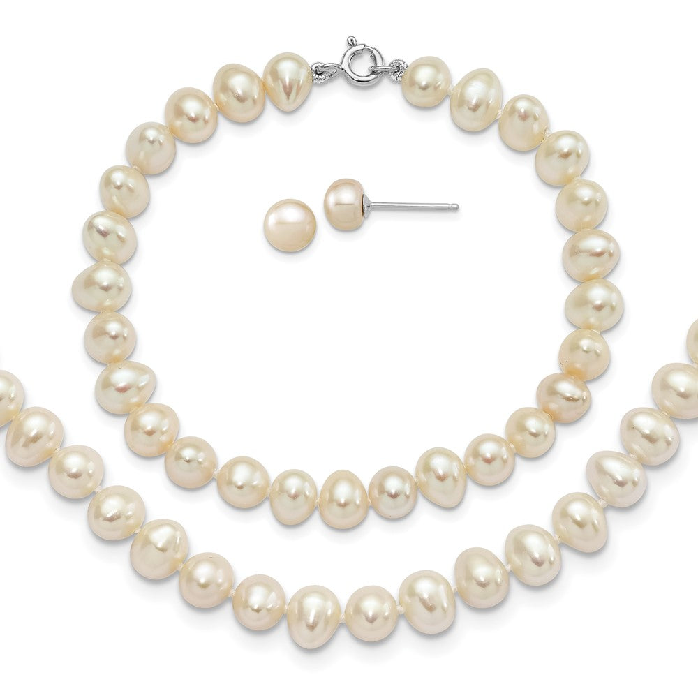 Sterling Silver Rh-P 6-7mm Fwc Pearl Necklace 7.25 Brace & 1Pc Earring Set