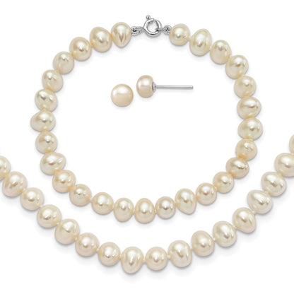 Sterling Silver Rh-P 6-7mm Fwc Pearl Necklace 7.25 Brace & 1Pc Earring Set