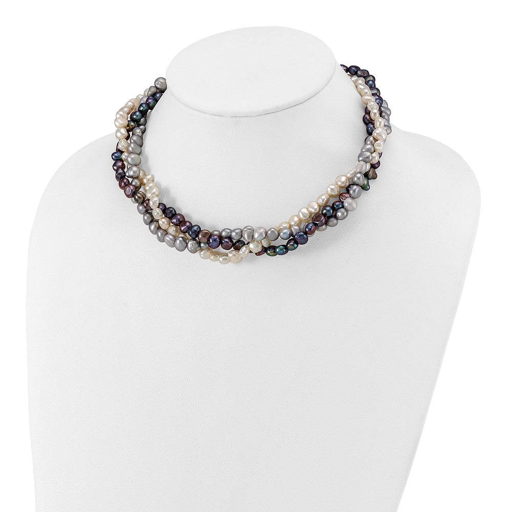 Sterling Silver Rh 6-7mm White/Black/Silver Fwc Pearl W/2In Ext. Necklace