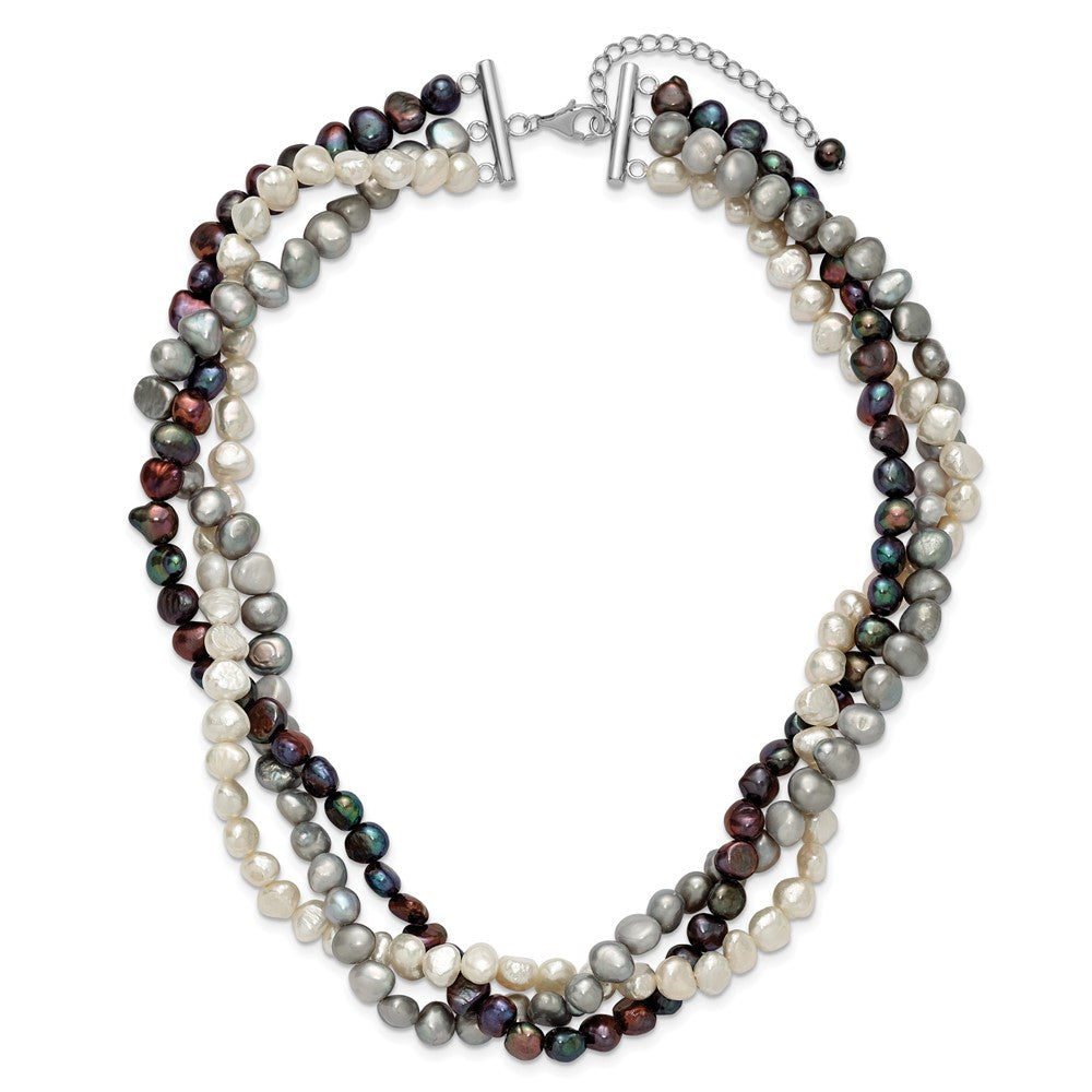 Sterling Silver Rh 6-7mm White/Black/Silver Fwc Pearl W/2In Ext. Necklace
