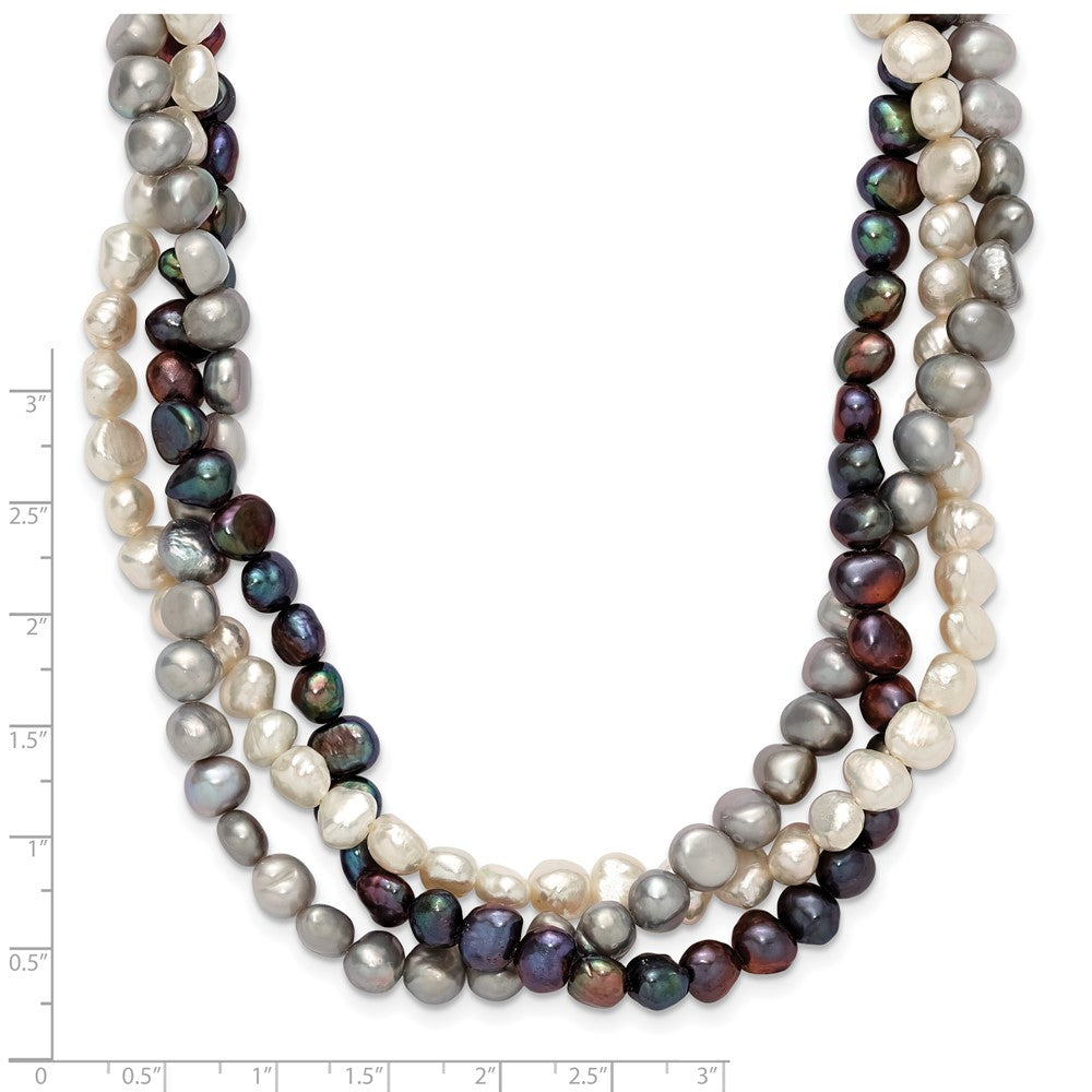 Sterling Silver Rh 6-7mm White/Black/Silver Fwc Pearl W/2In Ext. Necklace
