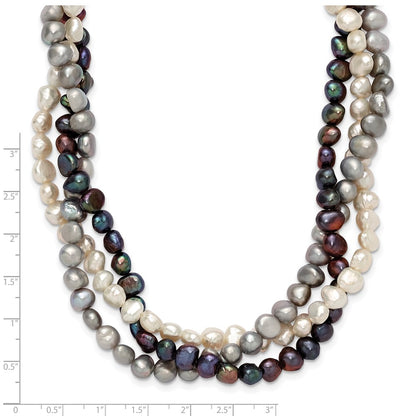 Sterling Silver Rh 6-7mm White/Black/Silver Fwc Pearl W/2In Ext. Necklace