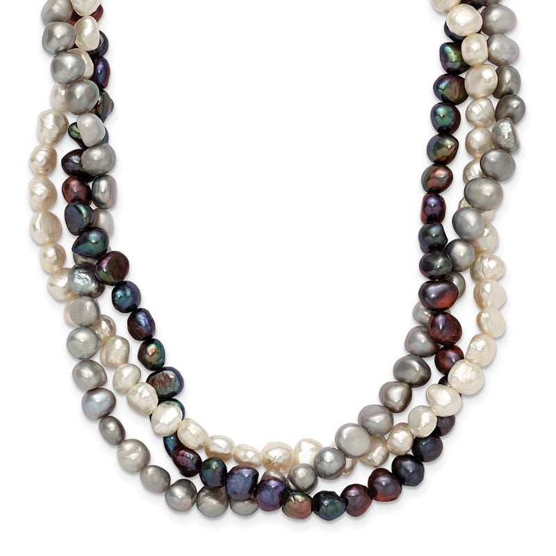 Sterling Silver Rh 6-7mm White/Black/Silver Fwc Pearl W/2In Ext. Necklace