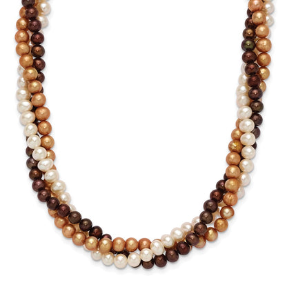 Sterling Silver Ss Rh-Plated 5-6mm White, Brown, Beige Fwc Pearl W/2In Ext. Necklace