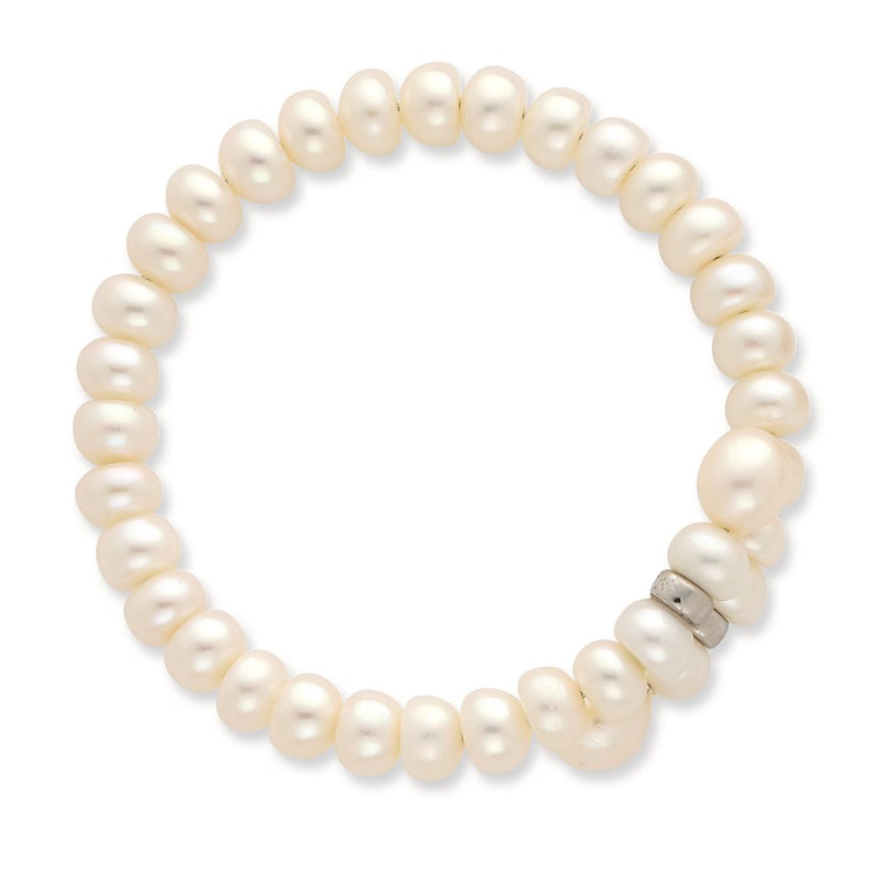 7.5 Inch Sterling Silver Rhodium-Plated Beads With 6-8mm Button And Rice Freshwater Cultured Pearls Flexible Wrap Bracelet