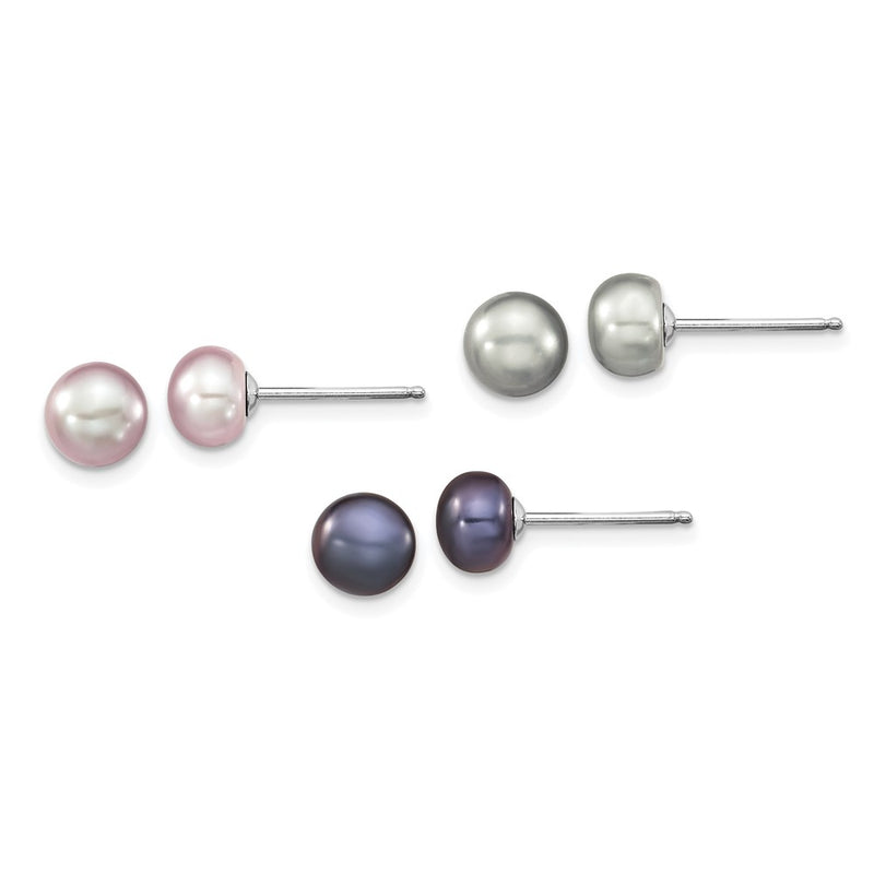 Sterling Silver Rh Grey/Pink/Black Fwc Pearl Neck/7.25 Brace/3Pc Earring