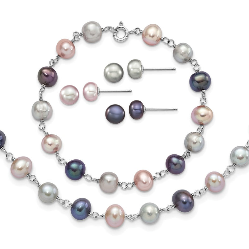 Sterling Silver Rh Grey/Pink/Black Fwc Pearl Neck/7.25 Brace/3Pc Earring