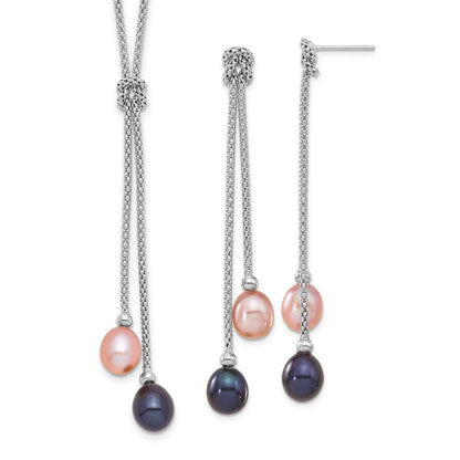 Sterling Silver Rhodium-Plated Fwc Pearl Knot 18In Necklace/Earring Set