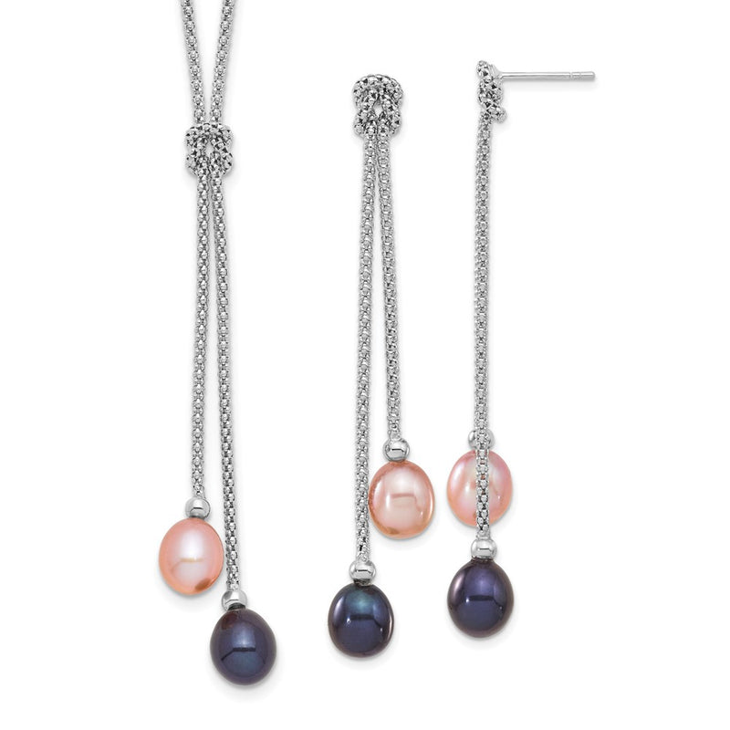 Sterling Silver Rhodium-Plated Fwc Pearl Knot 18In Necklace/Earring Set
