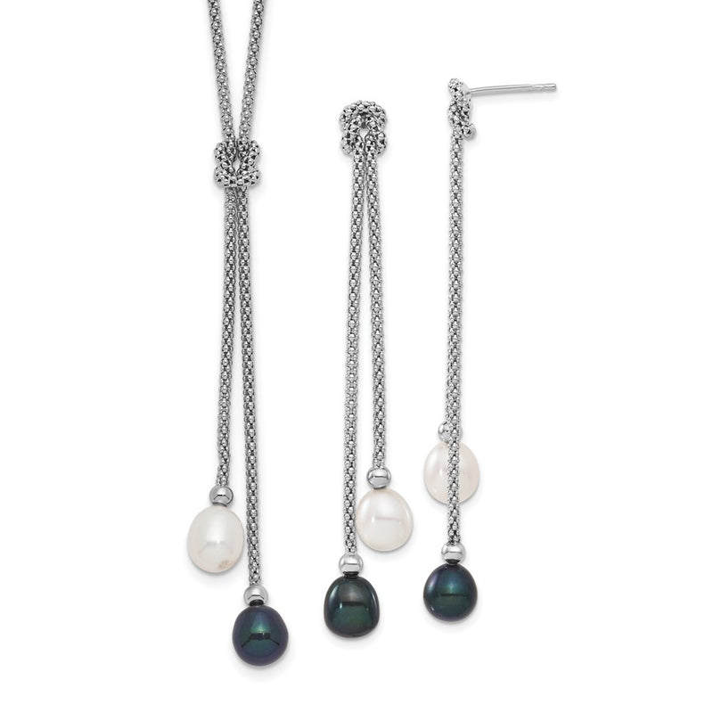 Sterling Silver Rhodium-Plated Fwc Pearl Knot 18 In. Neck/Earring Set