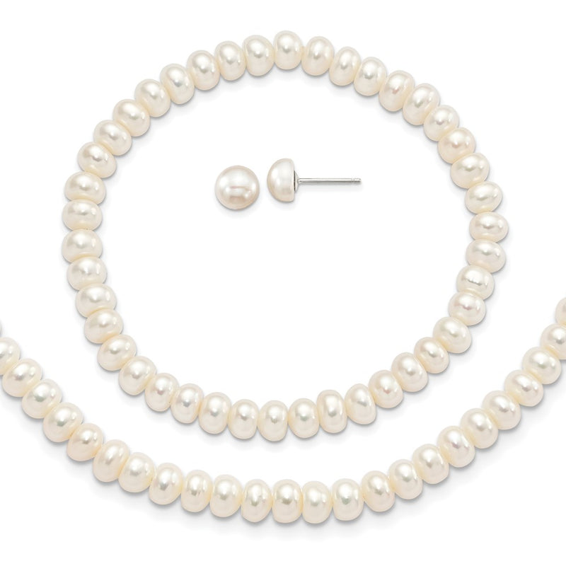 Sterling Silver Rhod-Pltd White 6-7mm 3 Piece Fw Cultured Pearl Set
