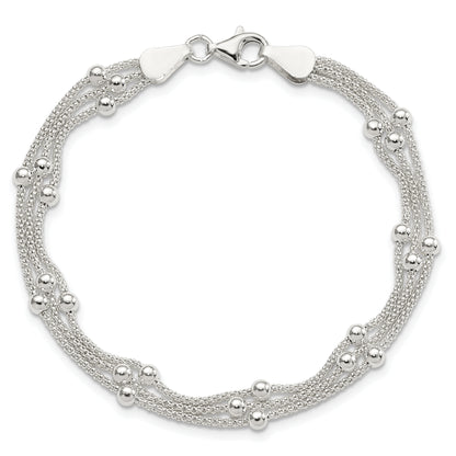 7 Inch Sterling Silver Polished Beaded 3-Strand Bracelet