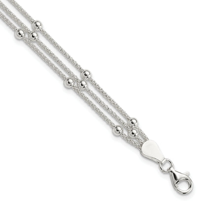 7 Inch Sterling Silver Polished Beaded 3-Strand Bracelet