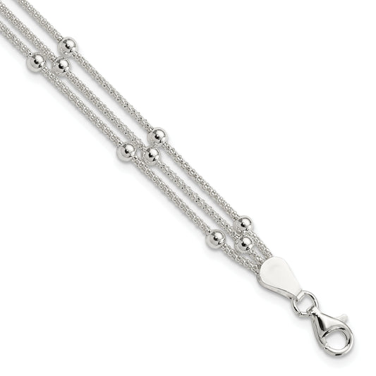 7 Inch Sterling Silver Polished Beaded 3-Strand Bracelet
