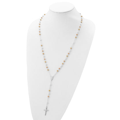 Sterling Silver Polished Rosary Tri-Color Beads Necklace
