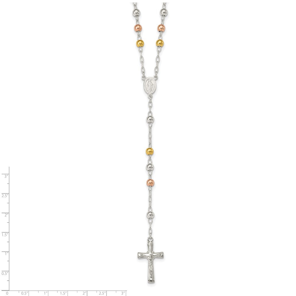 Sterling Silver Polished Rosary Tri-Color Beads Necklace