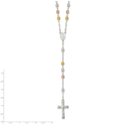Sterling Silver Polished Rosary Tri-Color Beads Necklace