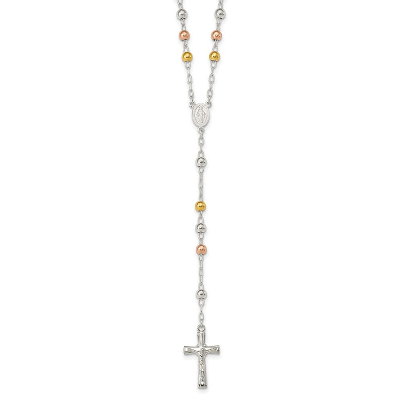 Sterling Silver Polished Rosary Tri-Color Beads Necklace