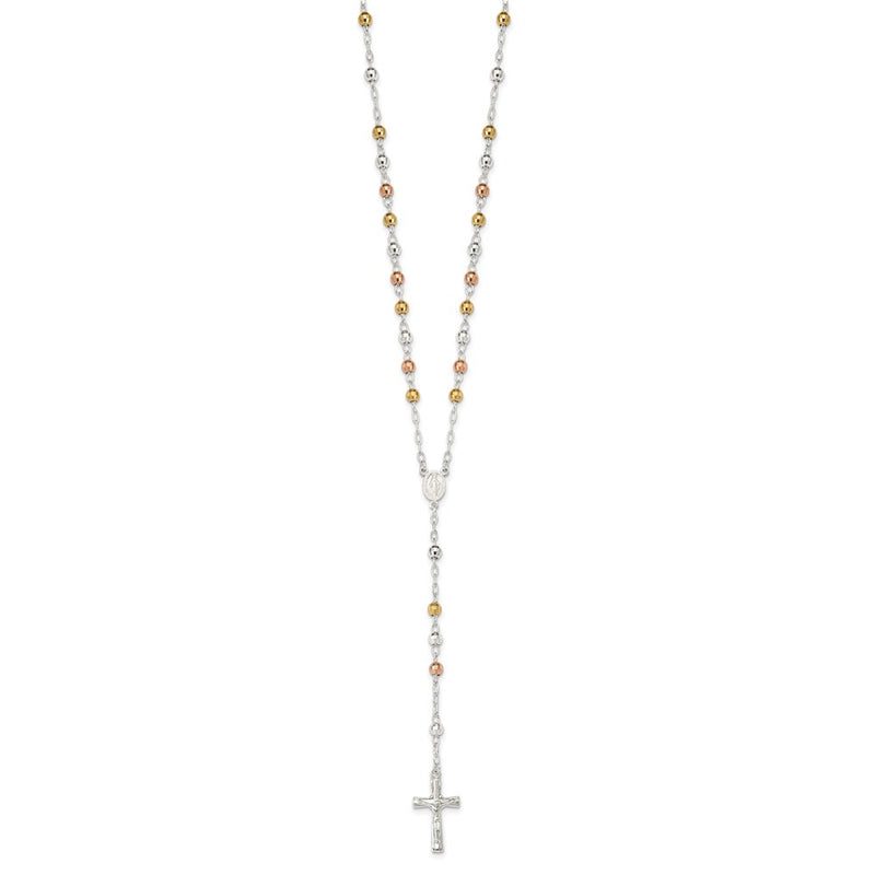 Sterling Silver Tri-Color Polished Textured Bead Rosary 26 Inch Necklace