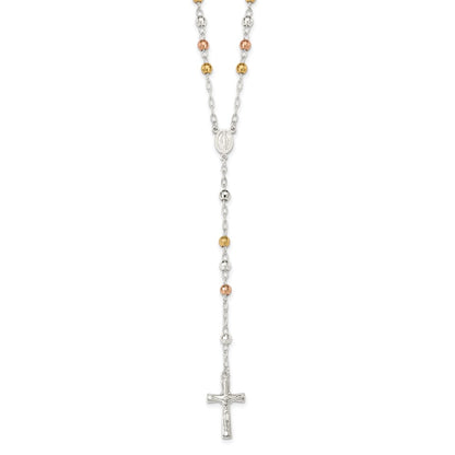 Sterling Silver Tri-Color Polished Textured Bead Rosary 26 Inch Necklace