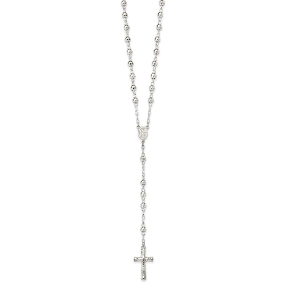 Sterling Silver Polished And Textured Bead Rosary 26 Inch Necklace